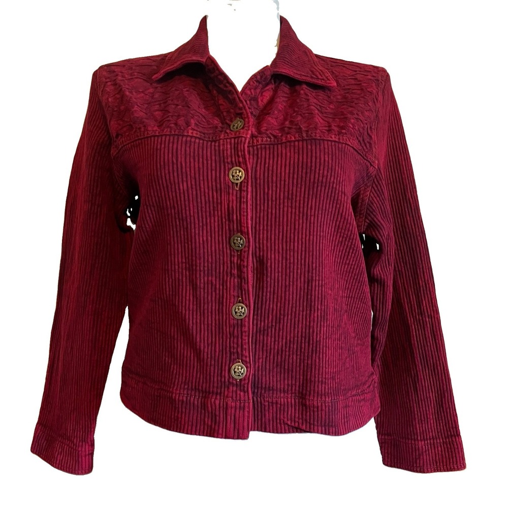 Vtg 90s Y2K Dk Red Cropped Jacket Ribbed Cotton XL Boxy Casual Chic Cottagecore